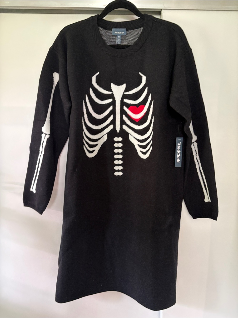 Modcloth Black Knit Dress with White Skeleton Detail and Red Heart Accent